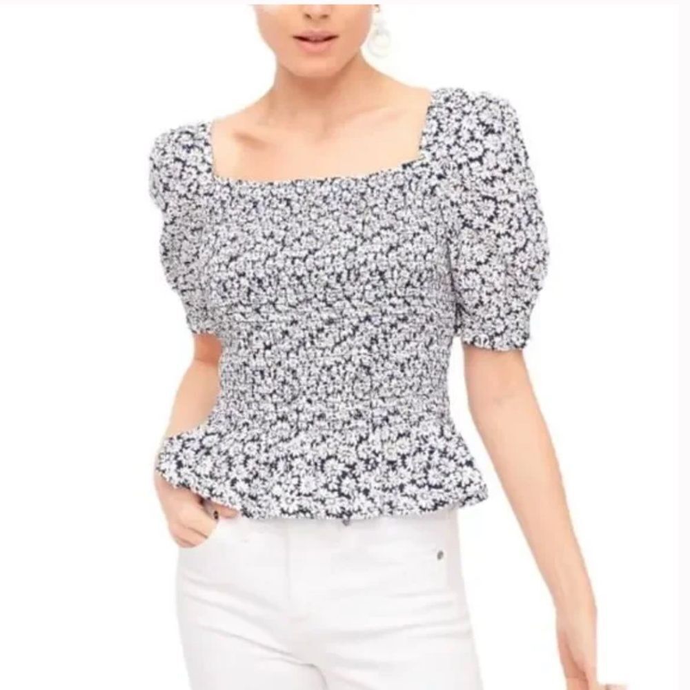 J. Crew Puff-Sleeve Smocked Stretch Peplum Top in Ditzy Daisy Floral Print M